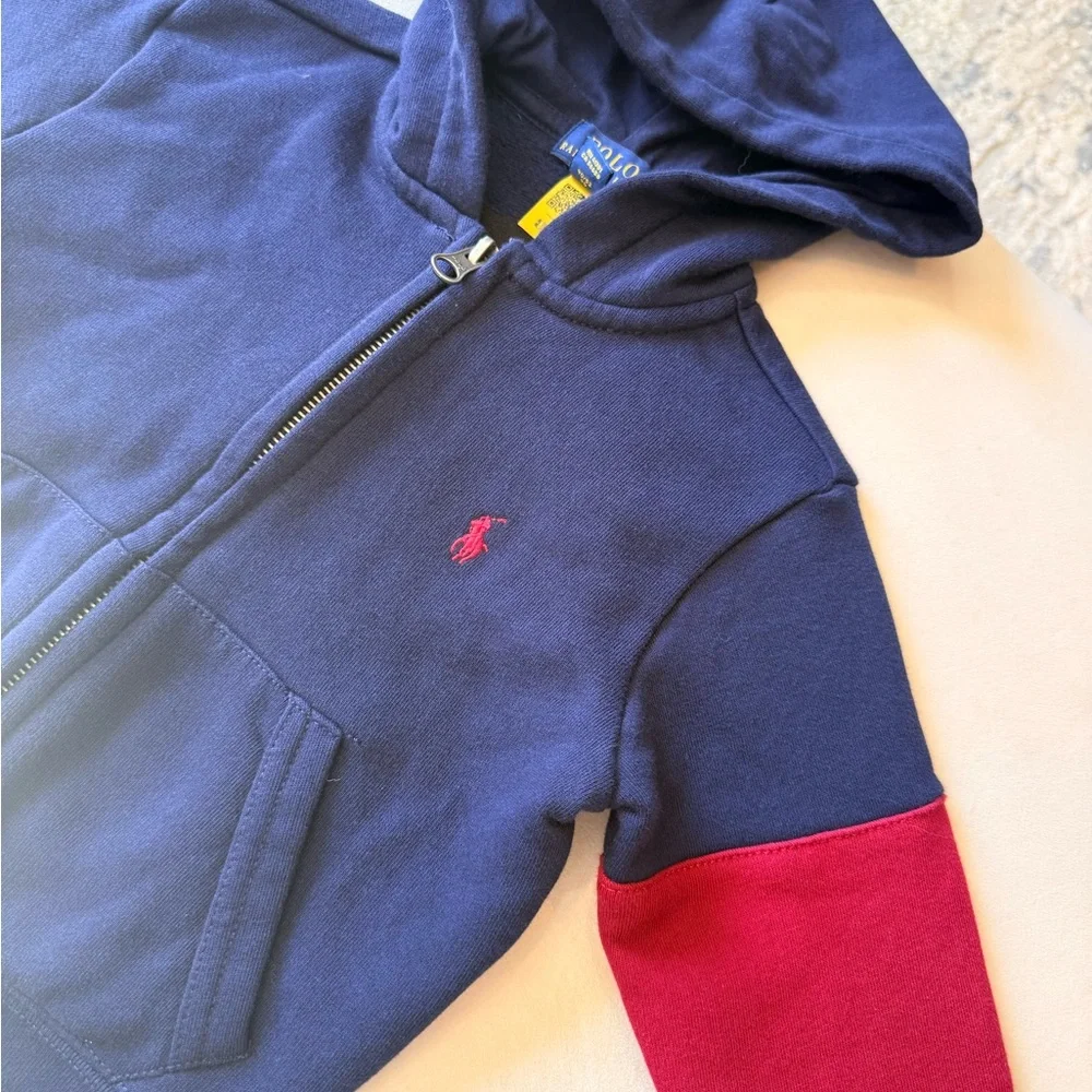 Polo by Ralph Lauren Kids' Zip-up Hoodie in Navy with Red and Yellow Sleeves